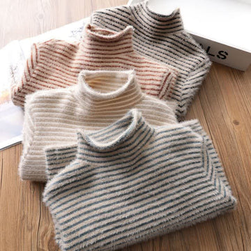Toddler High Collar Fluffy Striped Sweater