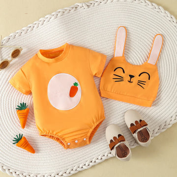 Baby Embroidered Carrot Bodysuit with Hat