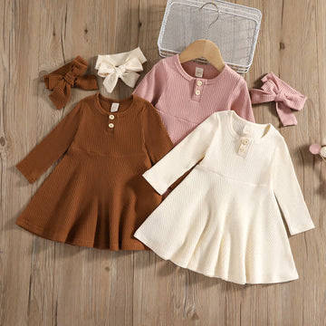 Baby Solid Color Ribbed Dress with Headband