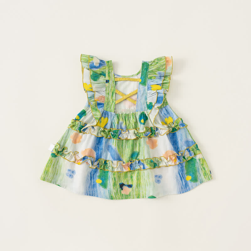 Toddler Green Flower Pleated Lace Dress