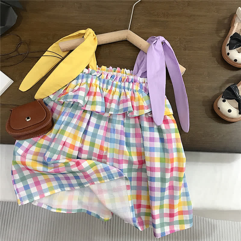 Toddler Color Block Plaid Suspenders Dress