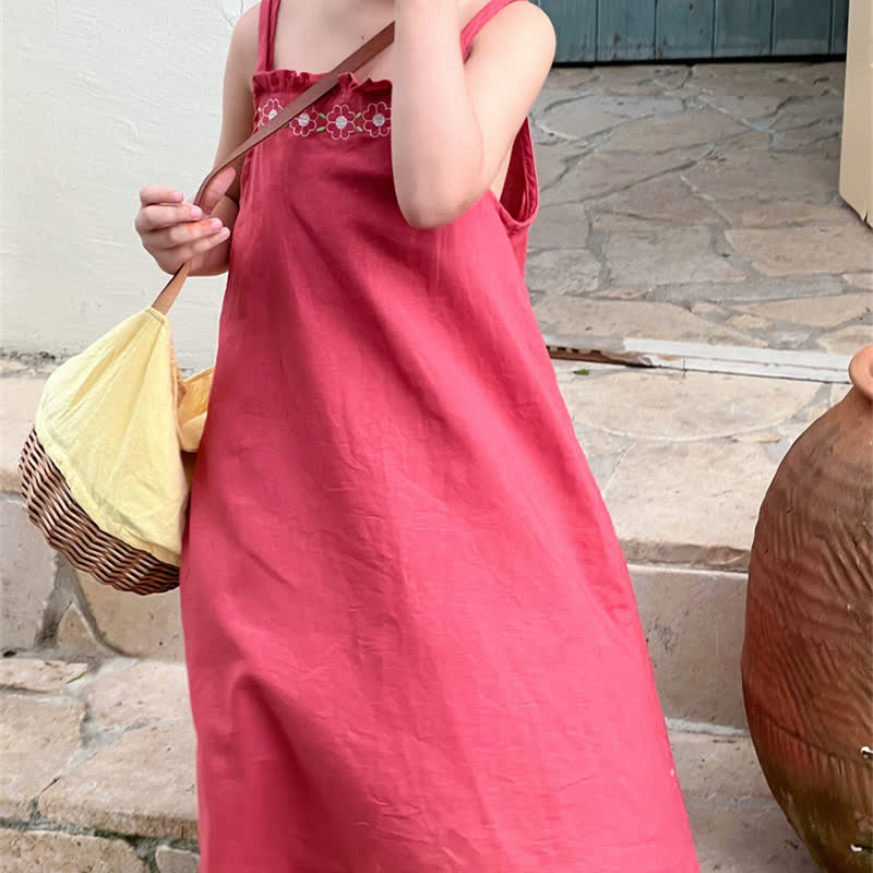 Toddler Embroidered Flower Red Suspenders Dress