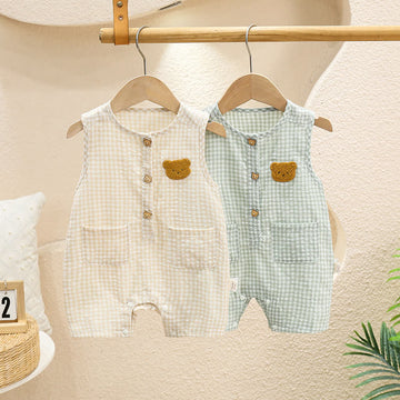 Baby Bear Plaid Pocket Sleeveless Romper