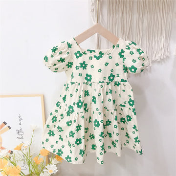 Toddler Green Flower Puff Sleeves Dress