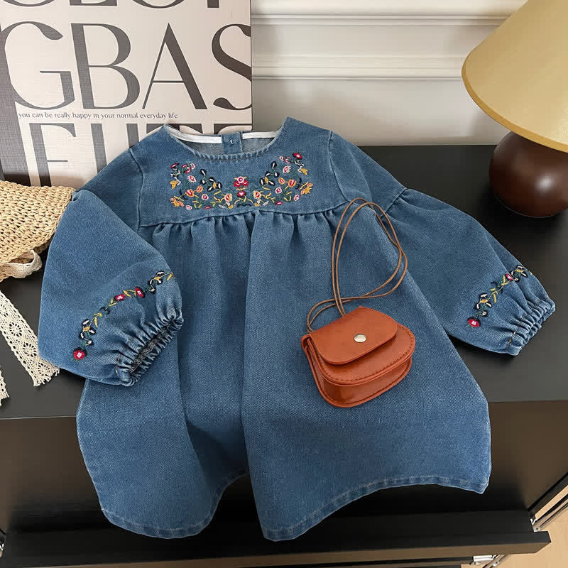 Toddler Embroidered Flower Denim Blue Dress
