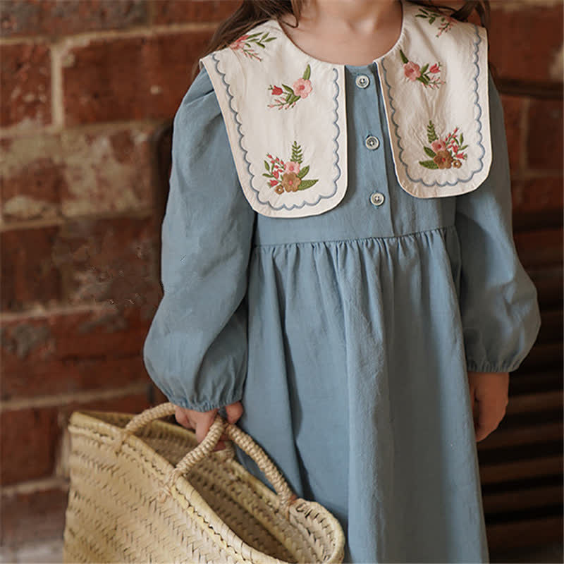 Toddler Embroidered Flower Lapels Blue Dress