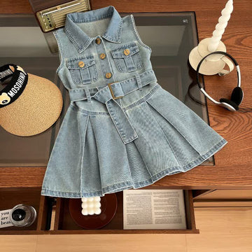 Kid Girl Lapels Sleeveless Cinched Waist Denim Dress