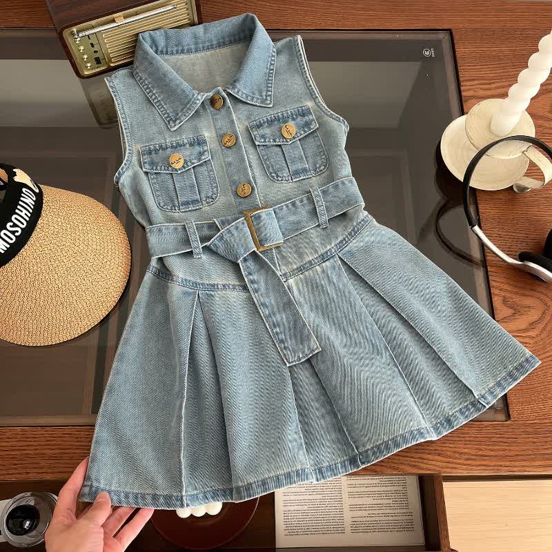 Kid Girl Lapels Sleeveless Cinched Waist Denim Dress