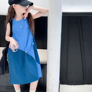 Kid Girl Blue Panels Drawstring Sleeveless Dress