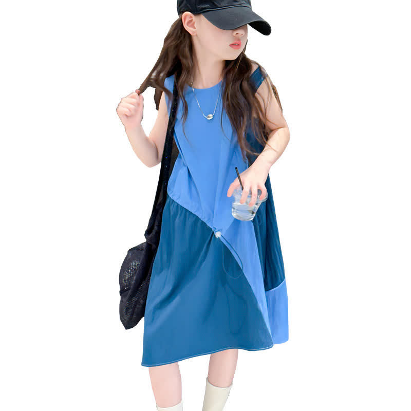 Kid Girl Blue Panels Drawstring Sleeveless Dress