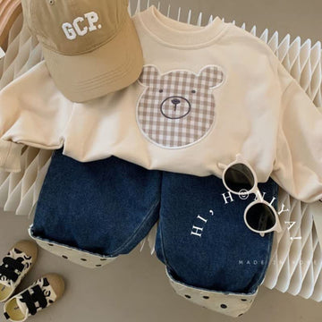 Kid Boy Polka Dots Contrast-panel Hem Elasticated Jeans Pants