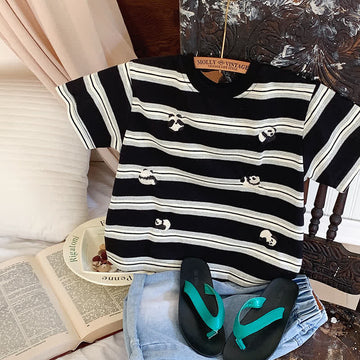 Kid Boy Striped Cartoon Panda Embroidered Top
