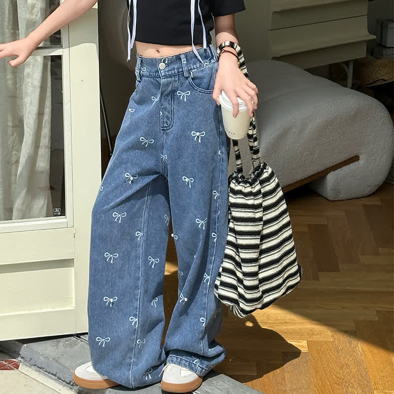 Kid Girl Elastic Waist Wide-leg Jeans Pants