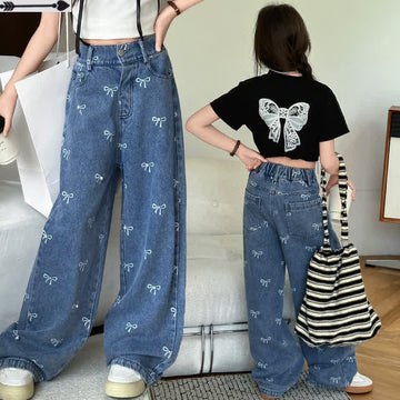 Kid Girl Elastic Waist Wide-leg Jeans Pants