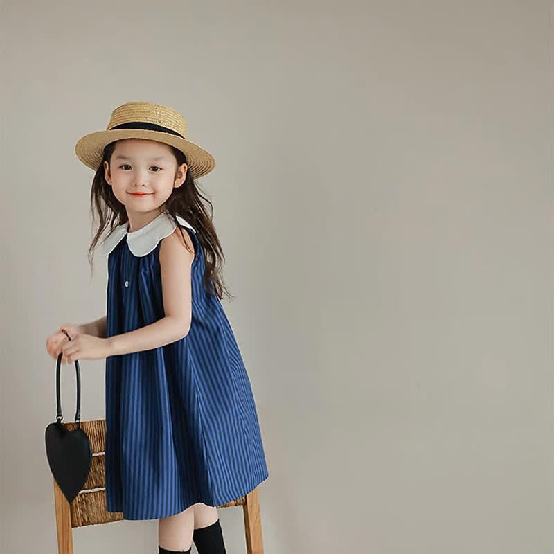 Kid Girl Contrast Lapel Dark Stripe Dress