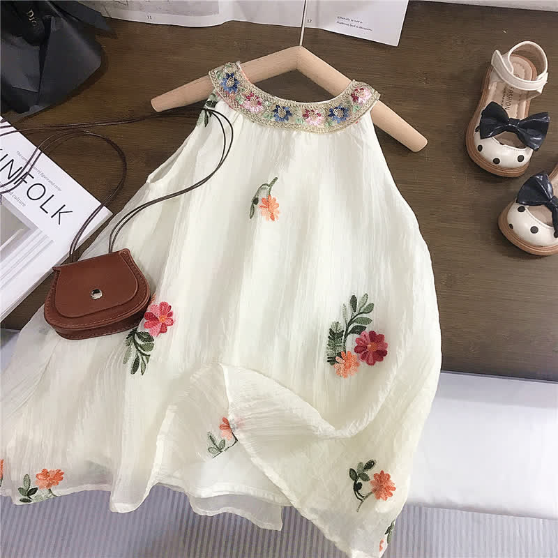Kid Girl Embroidered Floral Sleeveless Halterneck Beach Dress