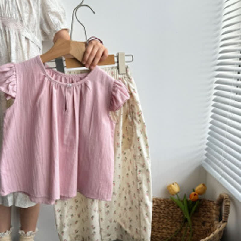 Kid Girl Flying Sleeve Shirt Floral Pants 2-piece Set