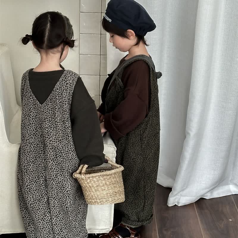 Kids Leopard Print Corduroy Loose Overalls