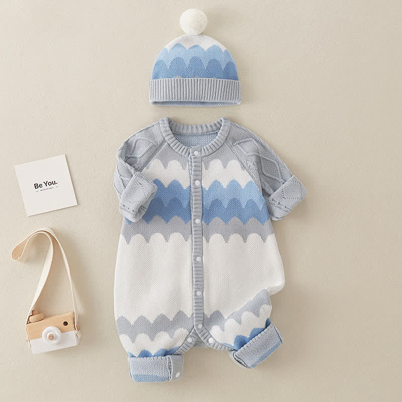 Baby Blue Wavy Grain Romper with Hat