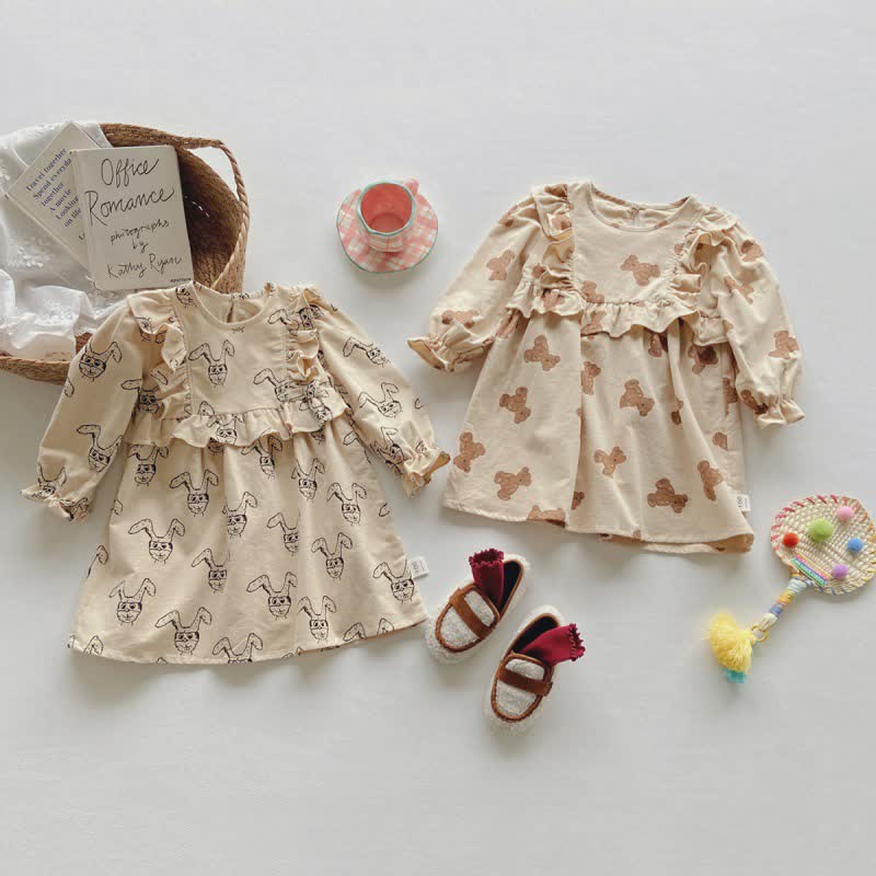 Kid Girl Ruffled Crewneck A-line Khaki Dress