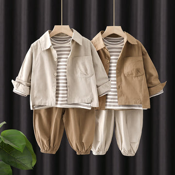 Kid Boy Stripe Top Solid Color Jacket Pants 3-piece Set