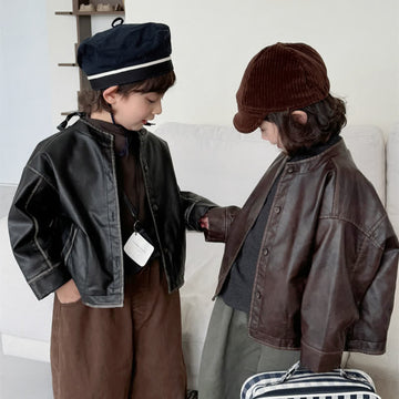 Kid Solid Color Biker Style Leather Jacket