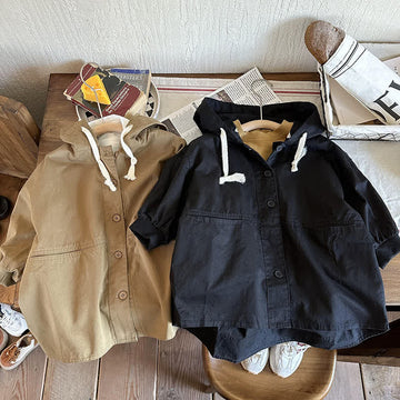 Kid Solid Color Hooded Single-breasted Jacket
