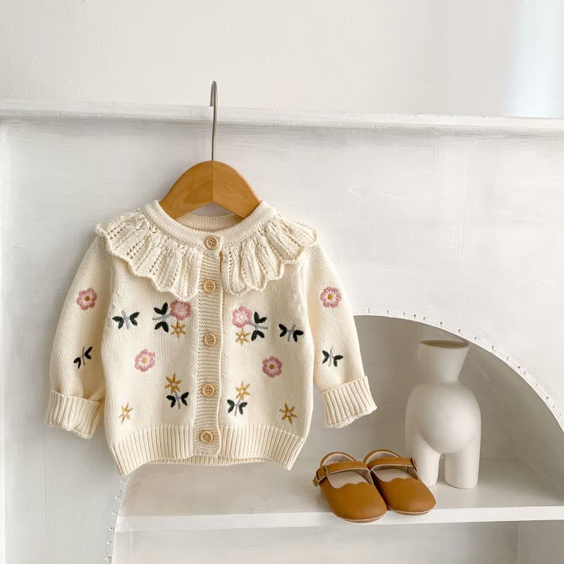 Baby Floral Embroidered Ruffle Collar Cardigan