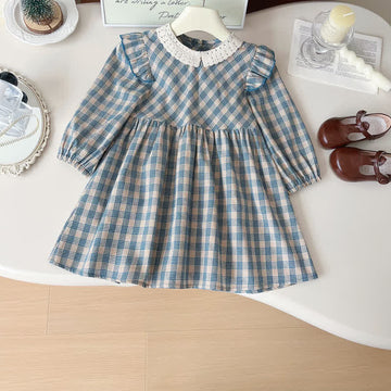 Toddler Girl Pastoral Plaid Lace Dress