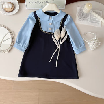Toddler Fake 2Pcs Flower Blue Dress