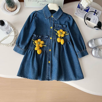 Toddler 3D Flower Blue Denim Dress
