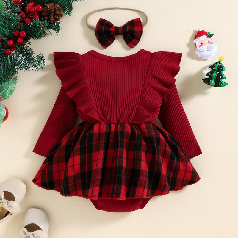 Baby Christmas Plaid Ribbed Bodysuit with Headband