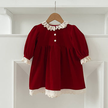 Toddler Lace Red Velvet British Style Dress
