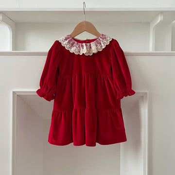 Toddler Embroidered Lace Collar Velvet Dress