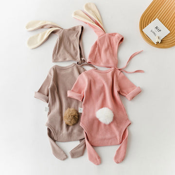 3-pcs Baby Solid Color Bodysuit & Rabbit Ear Bonnet & Socks Set
