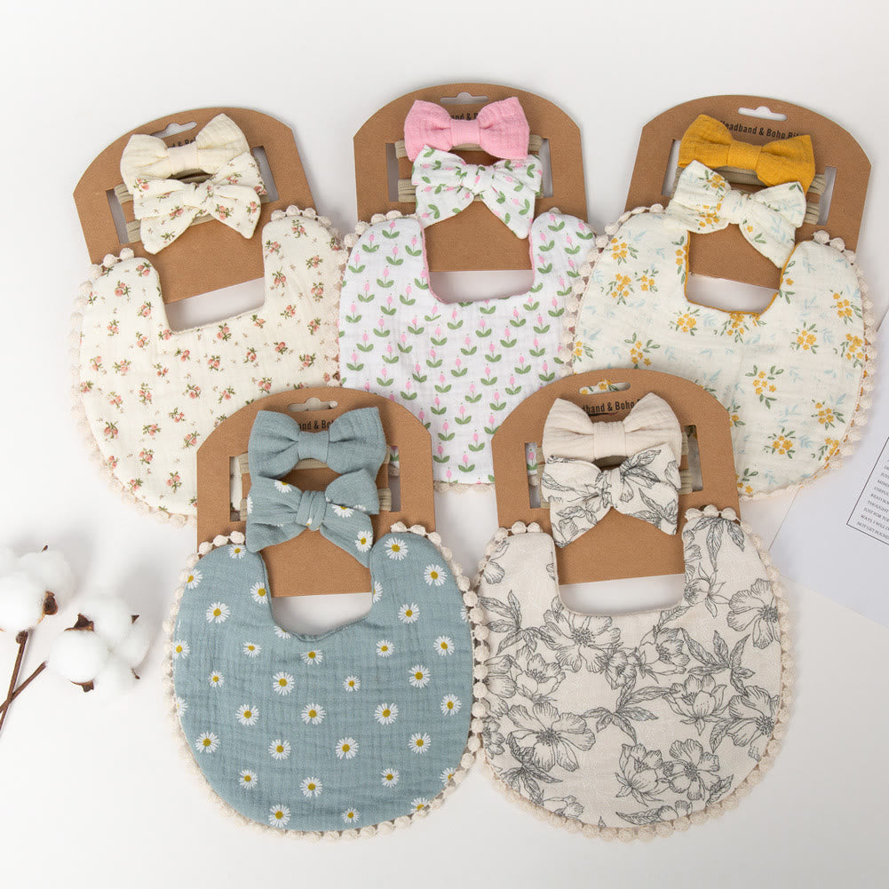3Pcs Baby Floral Bib and Bow Headbands Set
