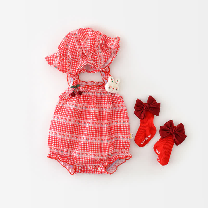 Baby Cherry Plaid Bodysuit with Hat