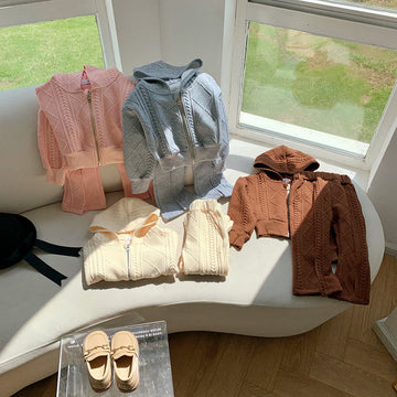Toddler Hooded Solid Color Knitted 2 Pieces Set