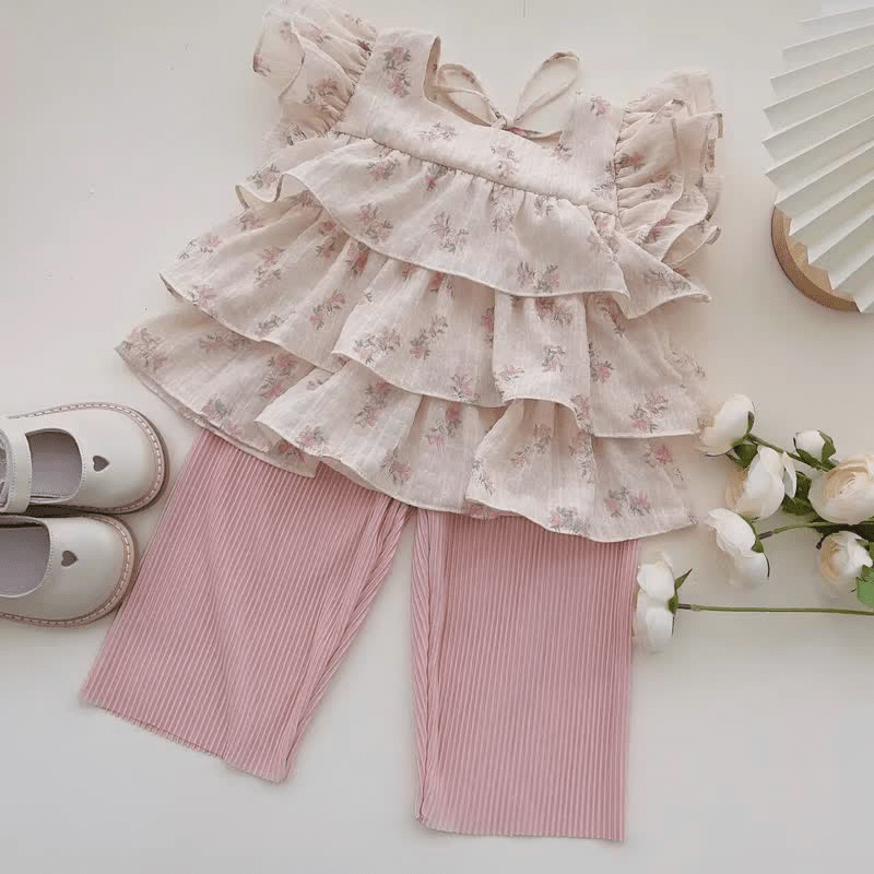 Toddler Girl Floral Ruffled Blouse and Pants Set