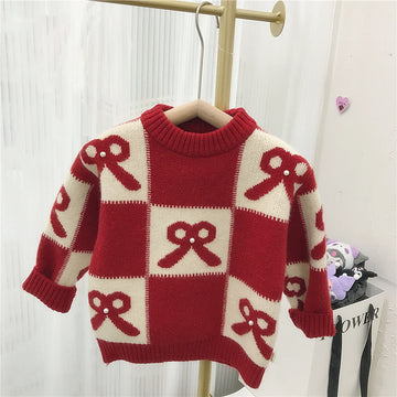 Toddler Girl Bowknot Red Plaid Knitted Sweater
