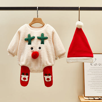Christmas Reindeer Fleece Lined Bodysuit With Leggings & Hat