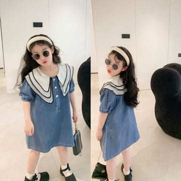 Toddler Girl Lapel Collar Denim Dress
