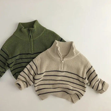 Toddler Zipper High Collar Striped Retro Style Sweater