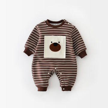 Baby Patch Bear Brown Striped Fleece Lined Romper