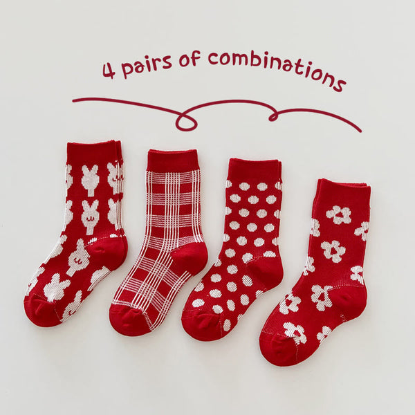 4 Pairs Baby Red Animal Striped Floor Socks