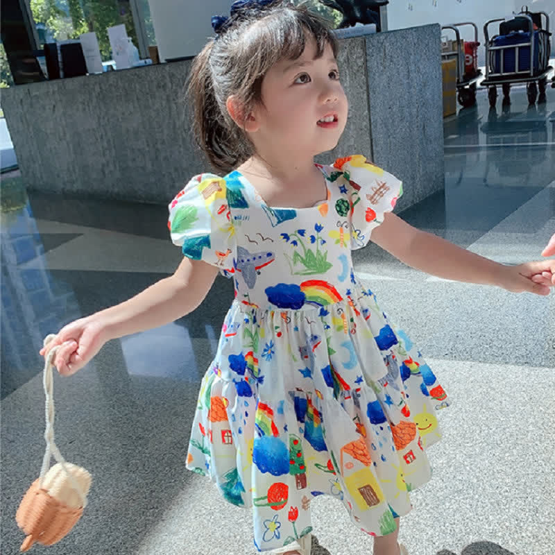 Toddler Girl Puff Sleeve Graffiti A Line Dress