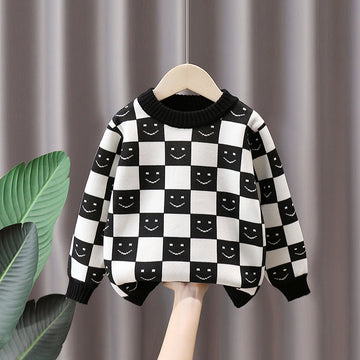 Toddler Boy Happy Face Plaid Knitted Black Sweater