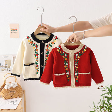 Toddler Girl Embroidered Flower Knitted Pocket Cardigan
