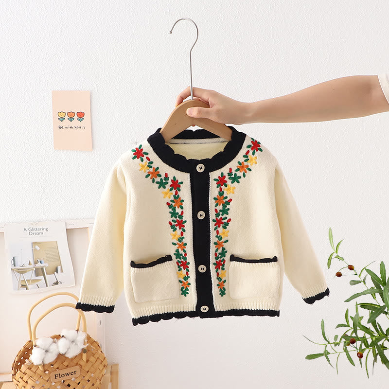 Toddler Girl Embroidered Flower Knitted Pocket Cardigan