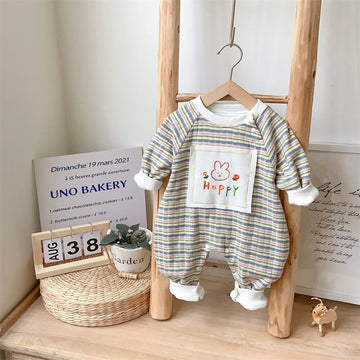 HELLO/ HAPPY Baby Animal Patch Striped Romper
